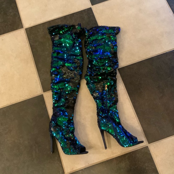 Women's Peep Toe, Thigh High Slouch, Zipper, Sequin Over The Knee Boots US9 EU40 - Picture 1 of 12